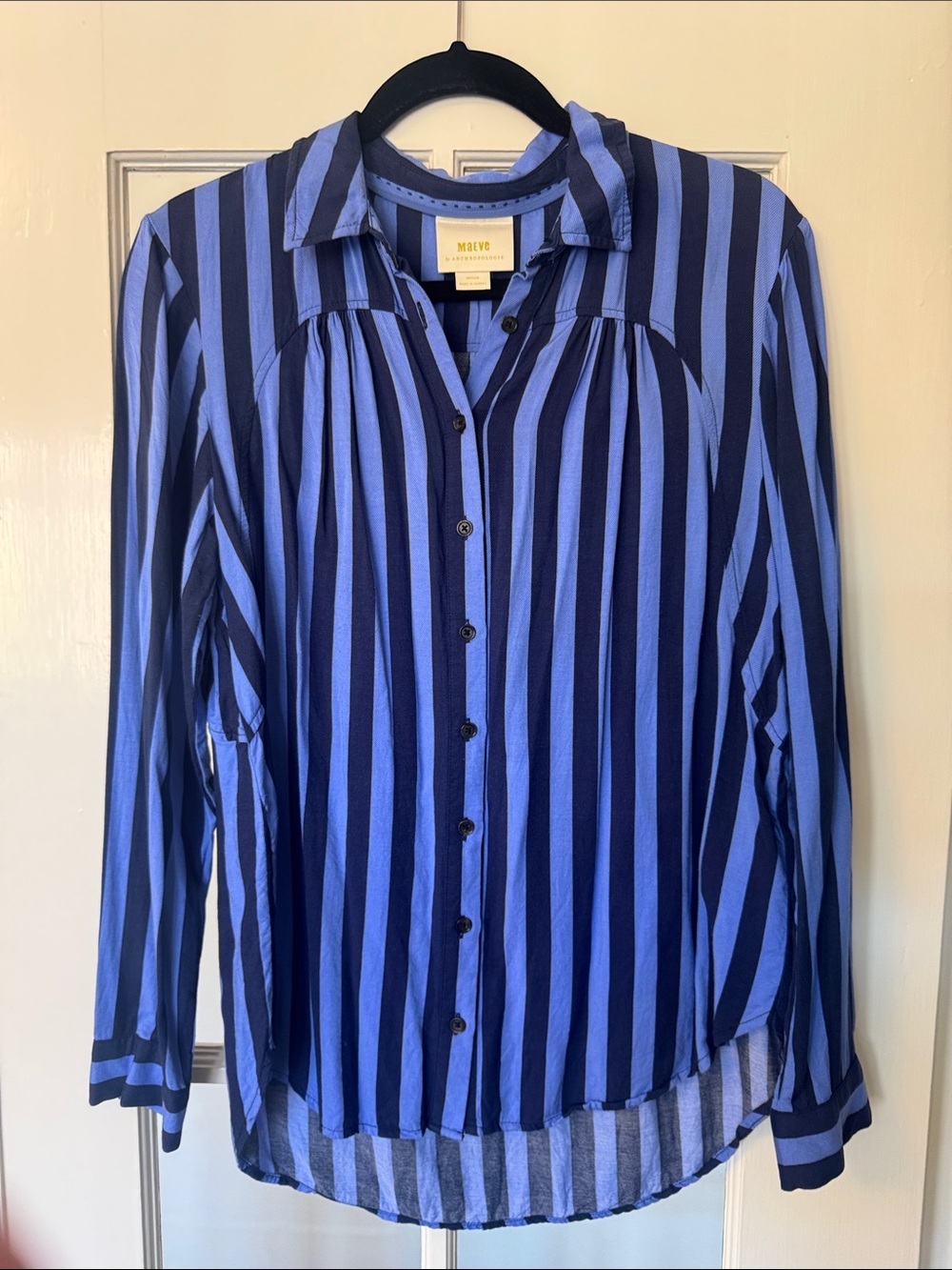 Maeve Navy and Royal Blue Vertical Stripe Button-Down Shirt